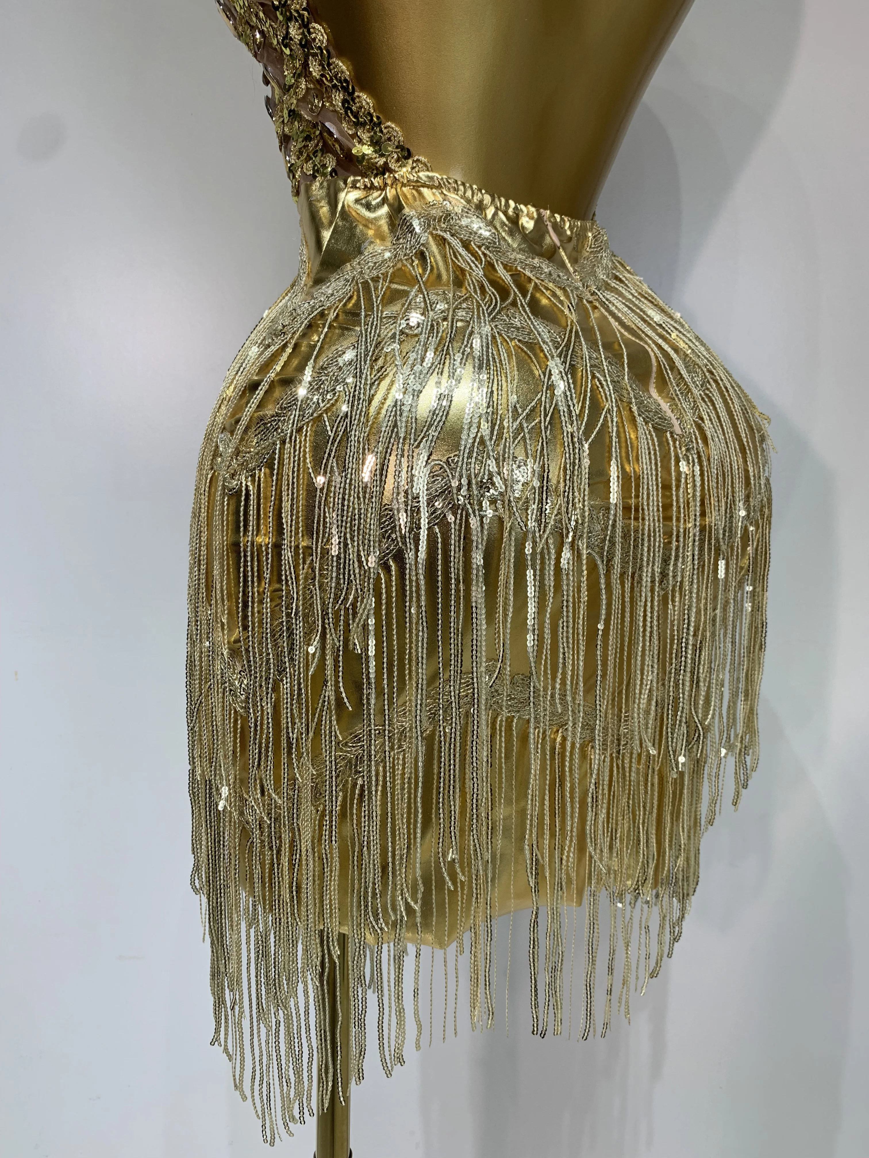 Women Birthday Party Rhinestones Tassels Transparent Short Dress Dance Show 2025 New Sexy Fashion Gold Sparkly Stage Costume