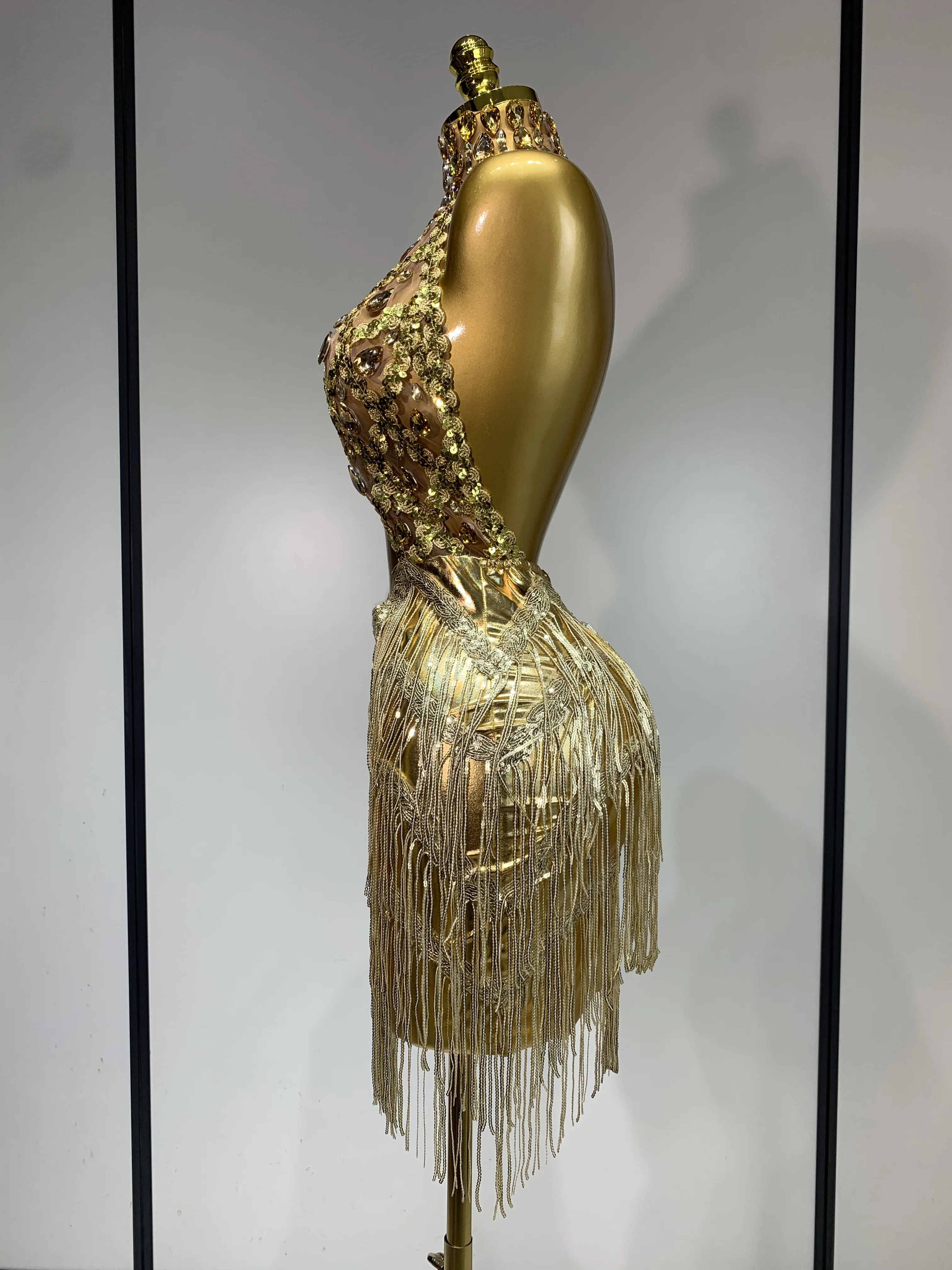 Women Birthday Party Rhinestones Tassels Transparent Short Dress Dance Show 2025 New Sexy Fashion Gold Sparkly Stage Costume