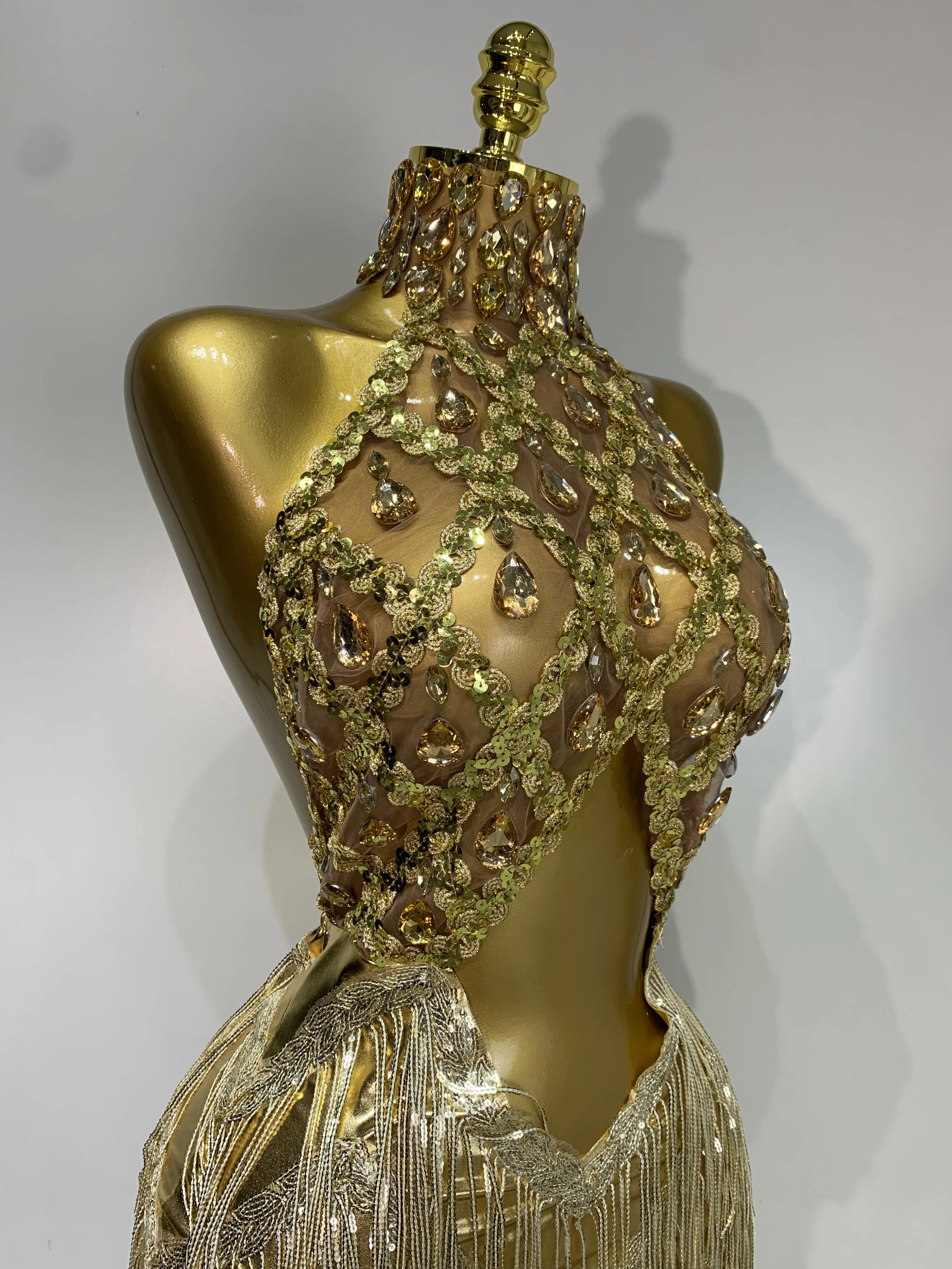 Women Birthday Party Rhinestones Tassels Transparent Short Dress Dance Show 2025 New Sexy Fashion Gold Sparkly Stage Costume
