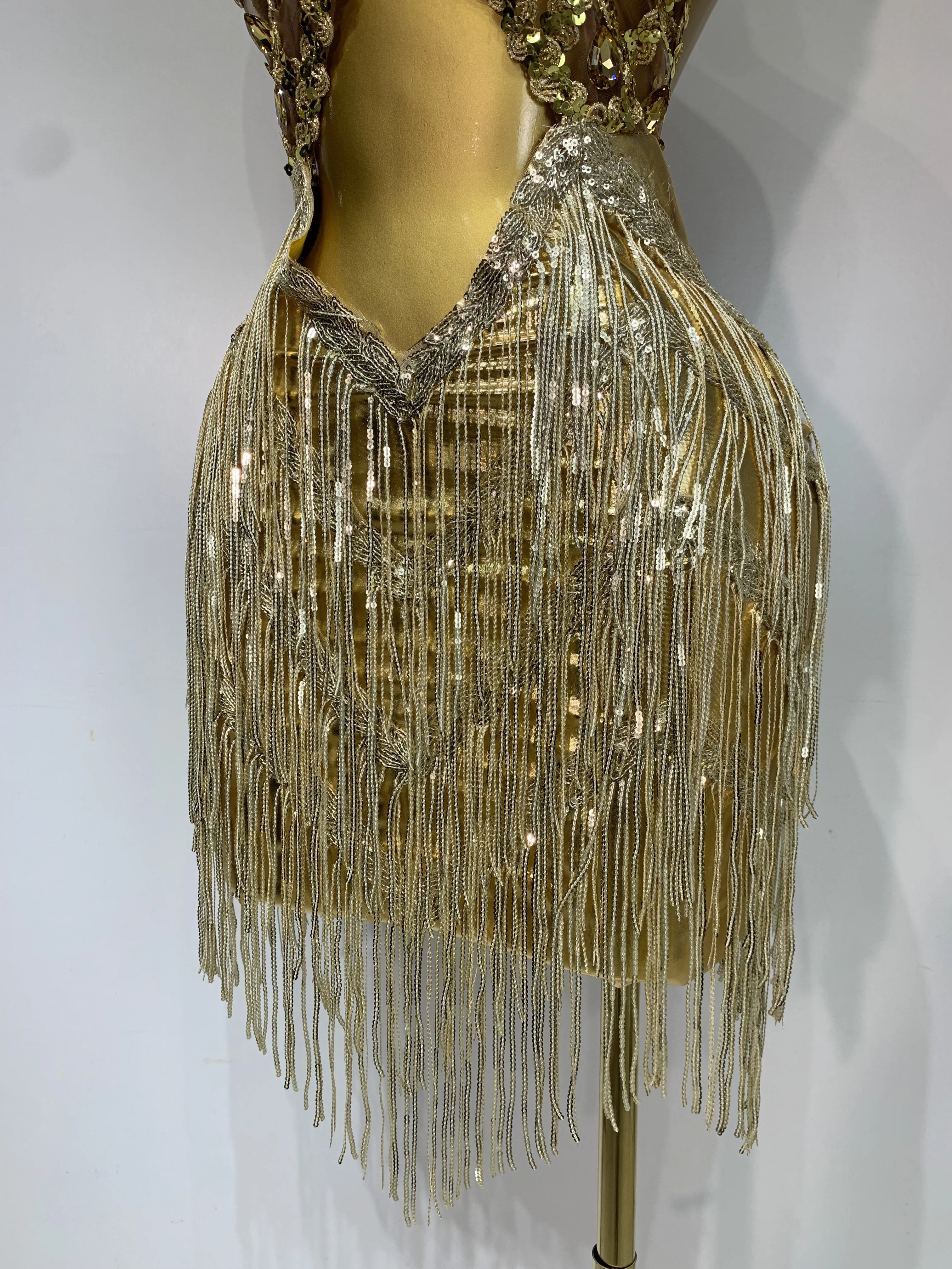 Women Birthday Party Rhinestones Tassels Transparent Short Dress Dance Show 2025 New Sexy Fashion Gold Sparkly Stage Costume