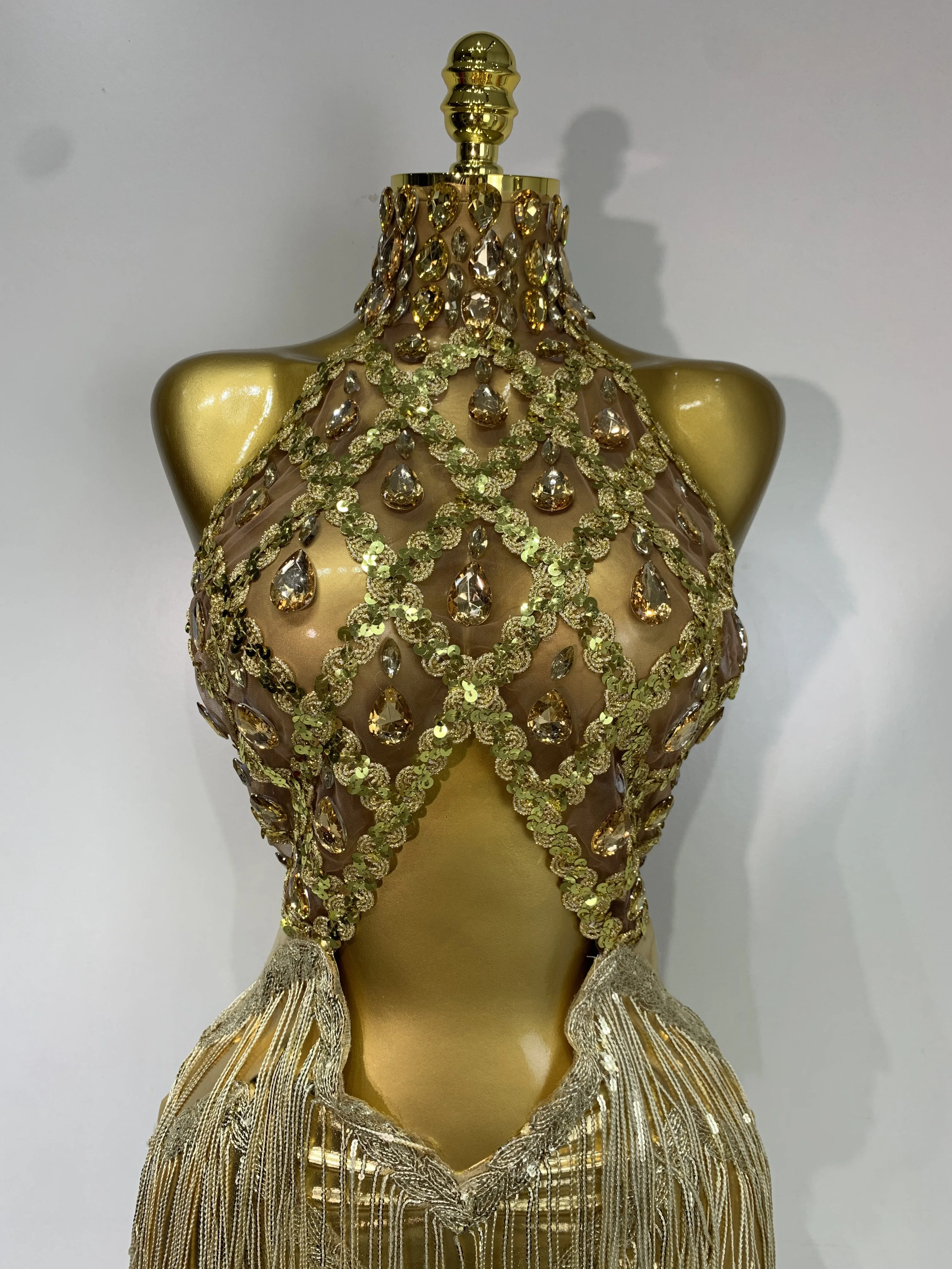 Women Birthday Party Rhinestones Tassels Transparent Short Dress Dance Show 2025 New Sexy Fashion Gold Sparkly Stage Costume