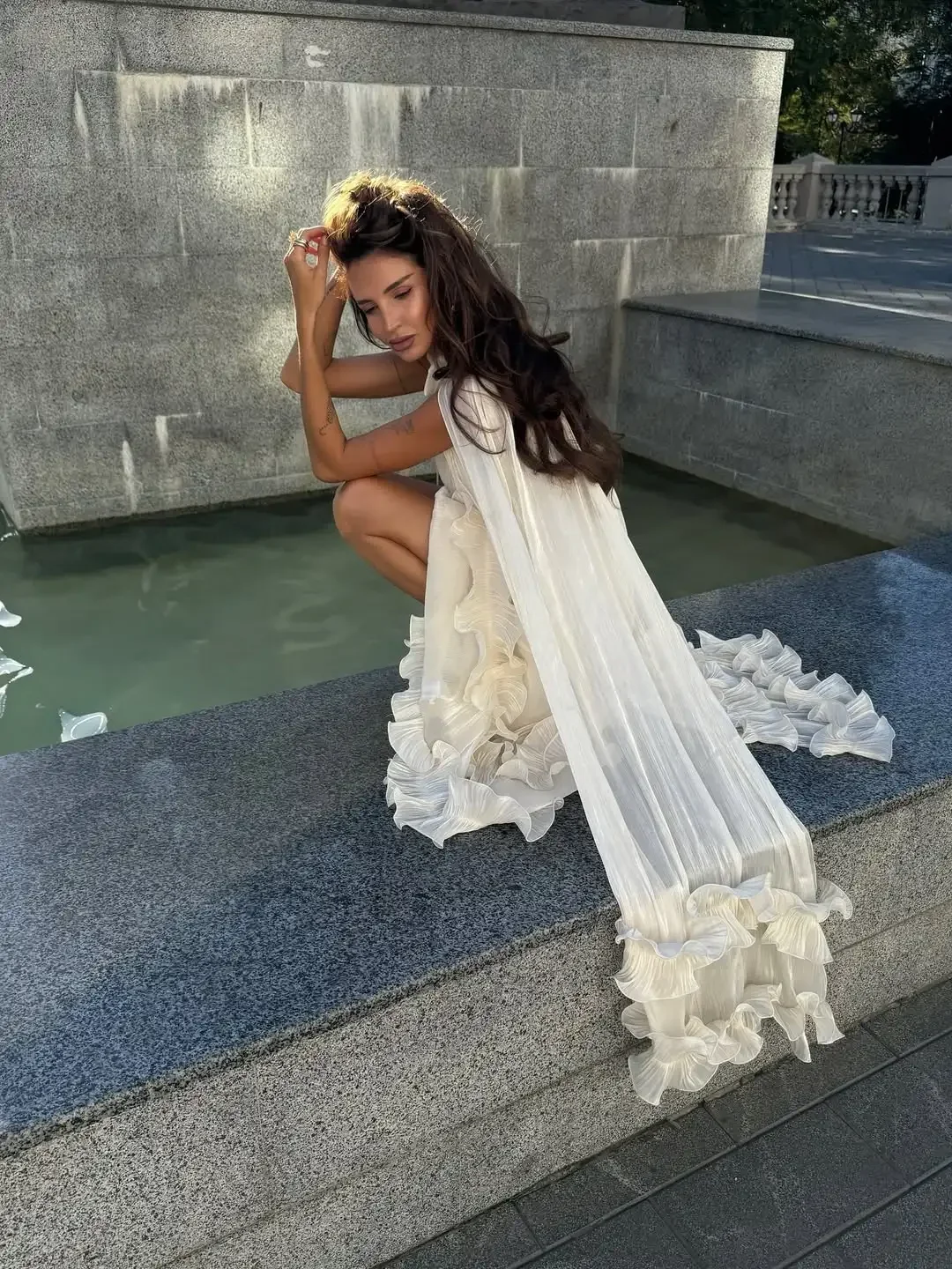Ivory Sleeveless Ruffled Hem Maxi Dress Women Flowy Solid Cloak Long 2026 Spring Summer Fashion Vacation Leisure Lady Vestidos
