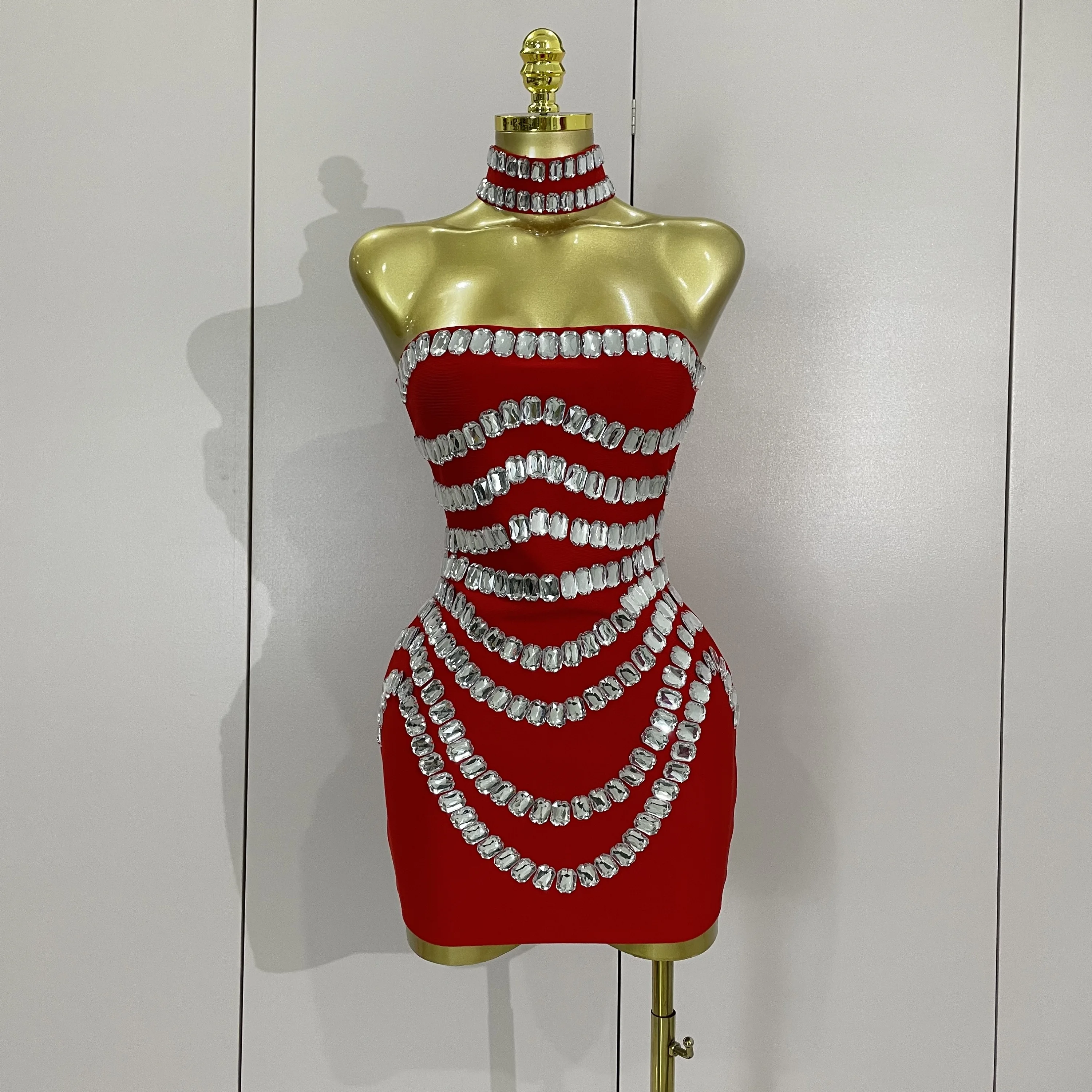 Women 2025 Sparkly Rhinestones Bodycon Strapless Mini Bandage Dress Backless Fashion Evening Party Club Luxury Birthday Dresses