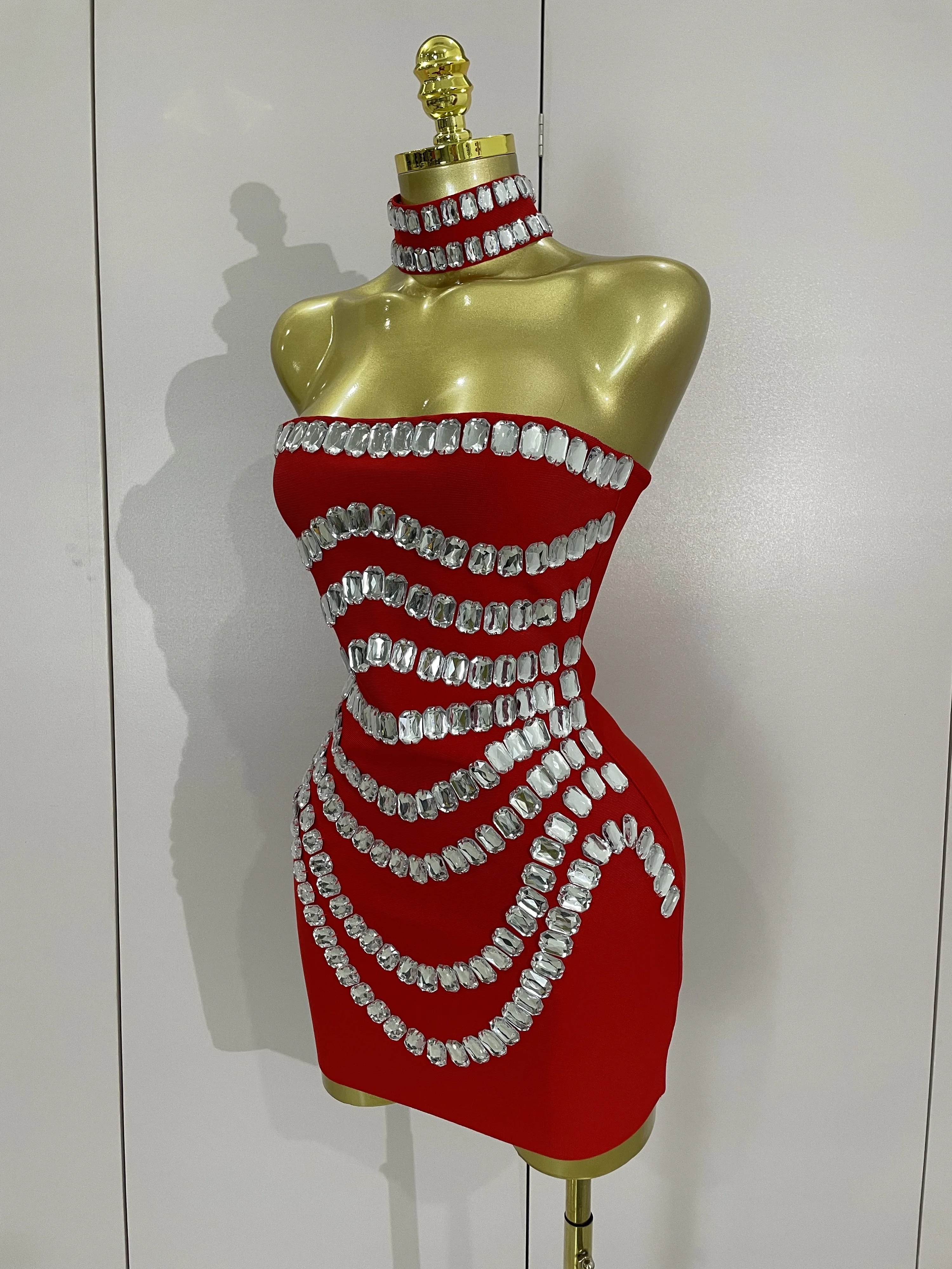 Women 2025 Sparkly Rhinestones Bodycon Strapless Mini Bandage Dress Backless Fashion Evening Party Club Luxury Birthday Dresses