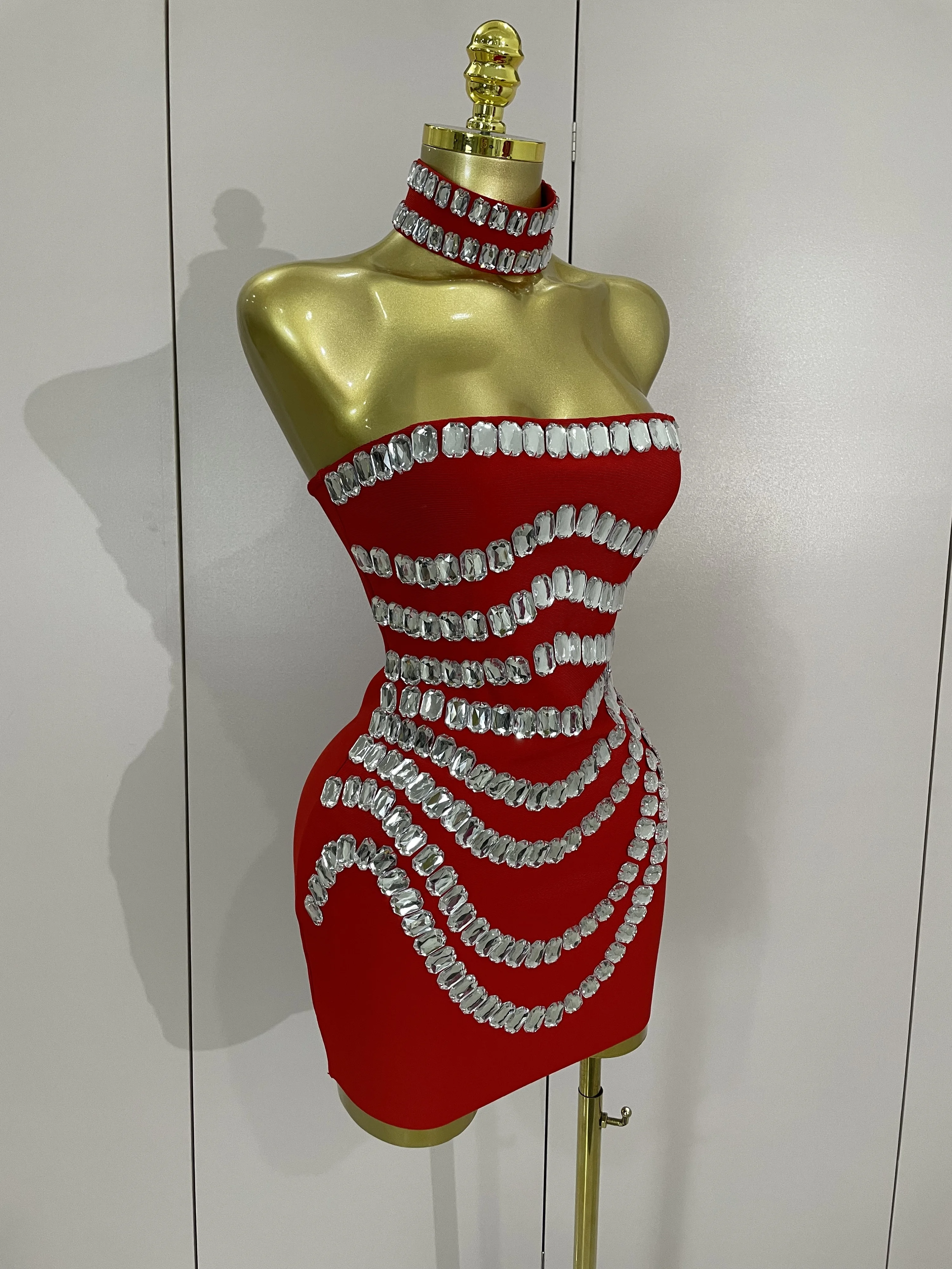 Women 2025 Sparkly Rhinestones Bodycon Strapless Mini Bandage Dress Backless Fashion Evening Party Club Luxury Birthday Dresses