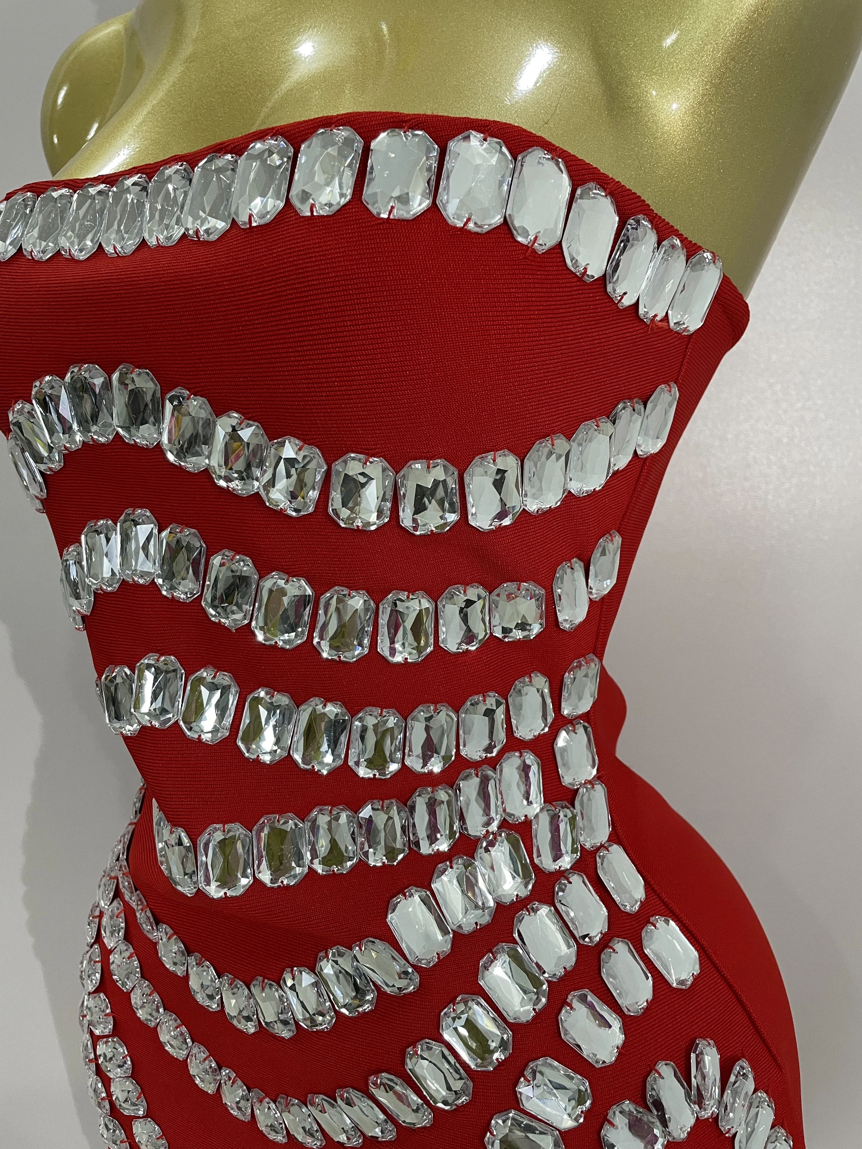 Women 2025 Sparkly Rhinestones Bodycon Strapless Mini Bandage Dress Backless Fashion Evening Party Club Luxury Birthday Dresses