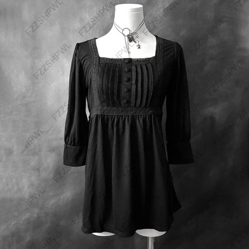 Women Y2K Dress Vintage vibe Harajuku Punk Square Neck Long sleeve Frock Subculture Streetwear A-line skirt 2000S Grunge Gothic