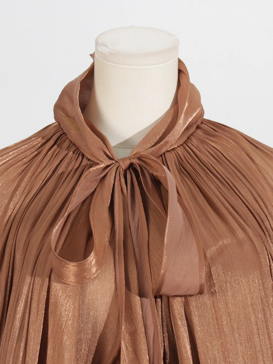 VGH Minimalist Spliced Folds Maxi Dresses for Women Scarf Collar Lantern Sleeve Loose Waist Casual Temperament Dress Female New