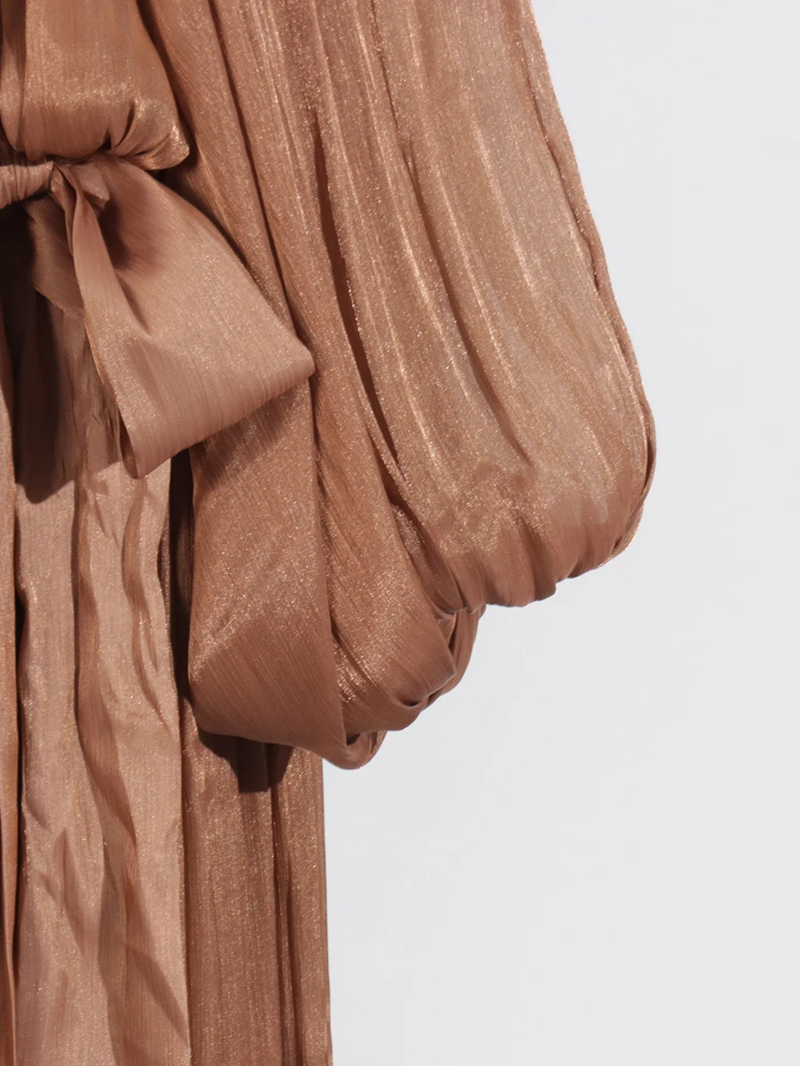 VGH Minimalist Spliced Folds Maxi Dresses for Women Scarf Collar Lantern Sleeve Loose Waist Casual Temperament Dress Female New