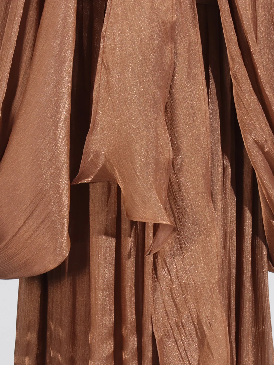 VGH Minimalist Spliced Folds Maxi Dresses for Women Scarf Collar Lantern Sleeve Loose Waist Casual Temperament Dress Female New