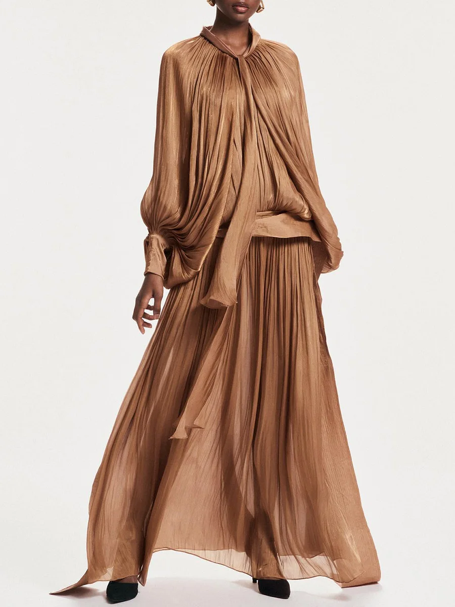 VGH Minimalist Spliced Folds Maxi Dresses for Women Scarf Collar Lantern Sleeve Loose Waist Casual Temperament Dress Female New