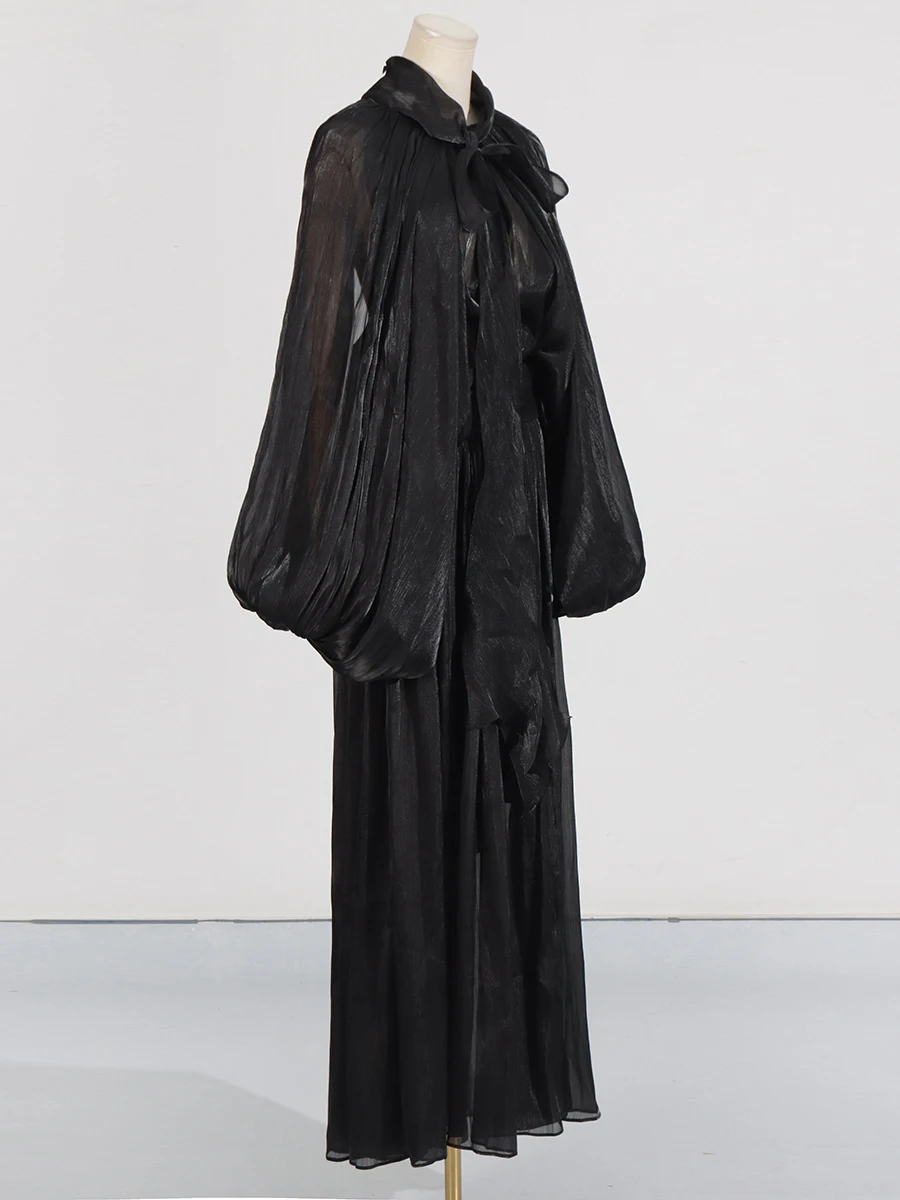VGH Minimalist Spliced Folds Maxi Dresses for Women Scarf Collar Lantern Sleeve Loose Waist Casual Temperament Dress Female New