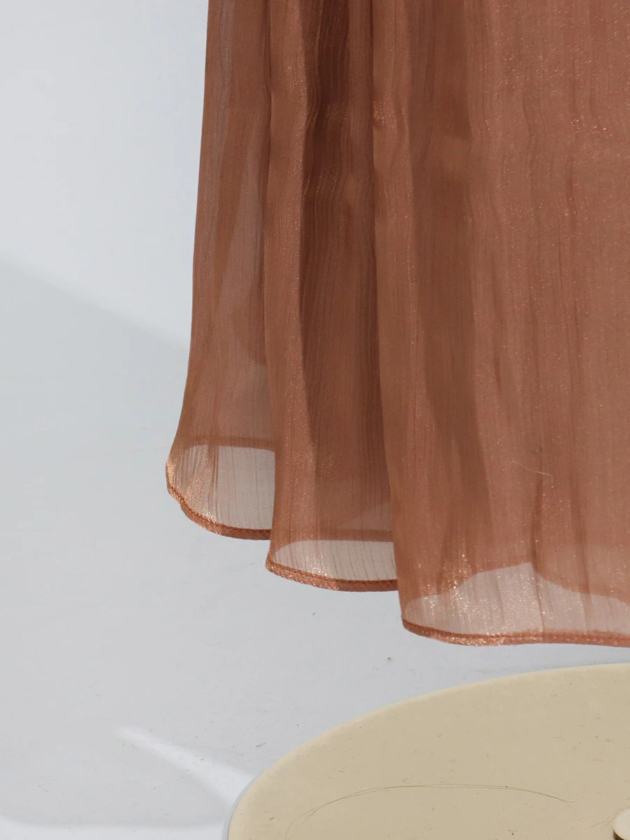 VGH Minimalist Spliced Folds Maxi Dresses for Women Scarf Collar Lantern Sleeve Loose Waist Casual Temperament Dress Female New