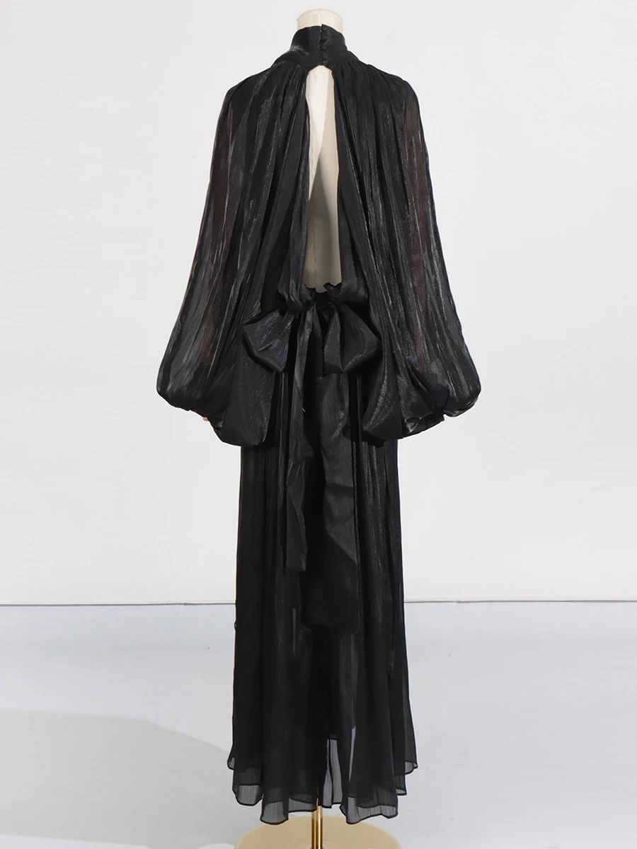 VGH Minimalist Spliced Folds Maxi Dresses for Women Scarf Collar Lantern Sleeve Loose Waist Casual Temperament Dress Female New