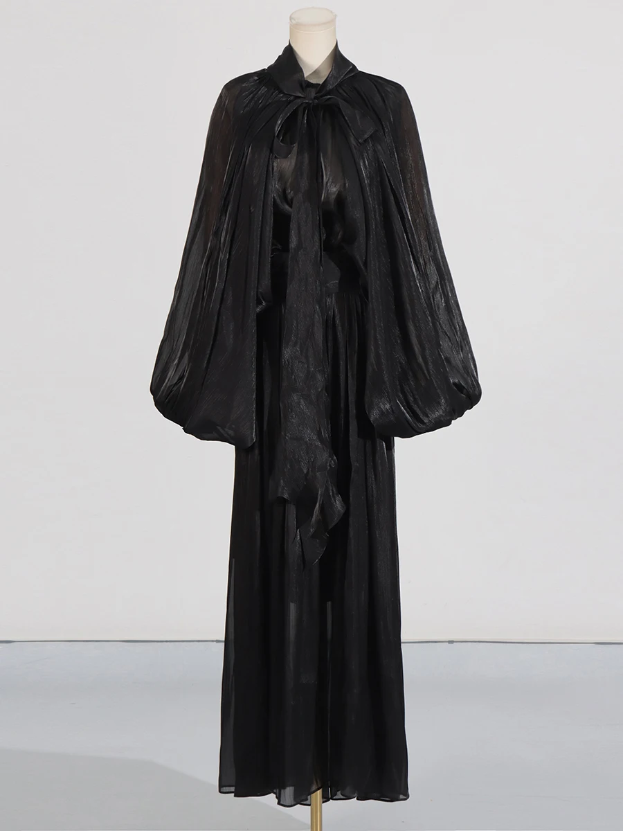 VGH Minimalist Spliced Folds Maxi Dresses for Women Scarf Collar Lantern Sleeve Loose Waist Casual Temperament Dress Female New