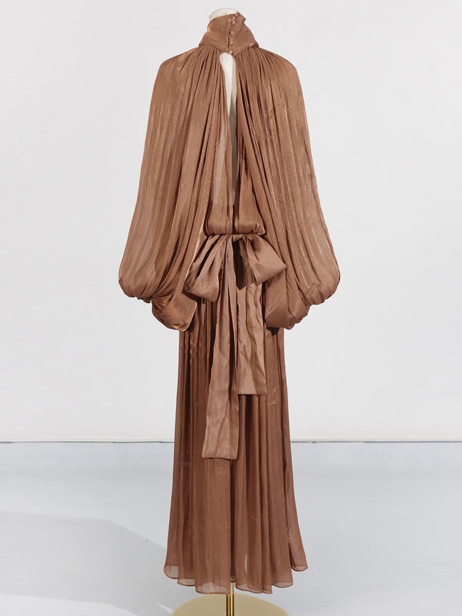 VGH Minimalist Spliced Folds Maxi Dresses for Women Scarf Collar Lantern Sleeve Loose Waist Casual Temperament Dress Female New