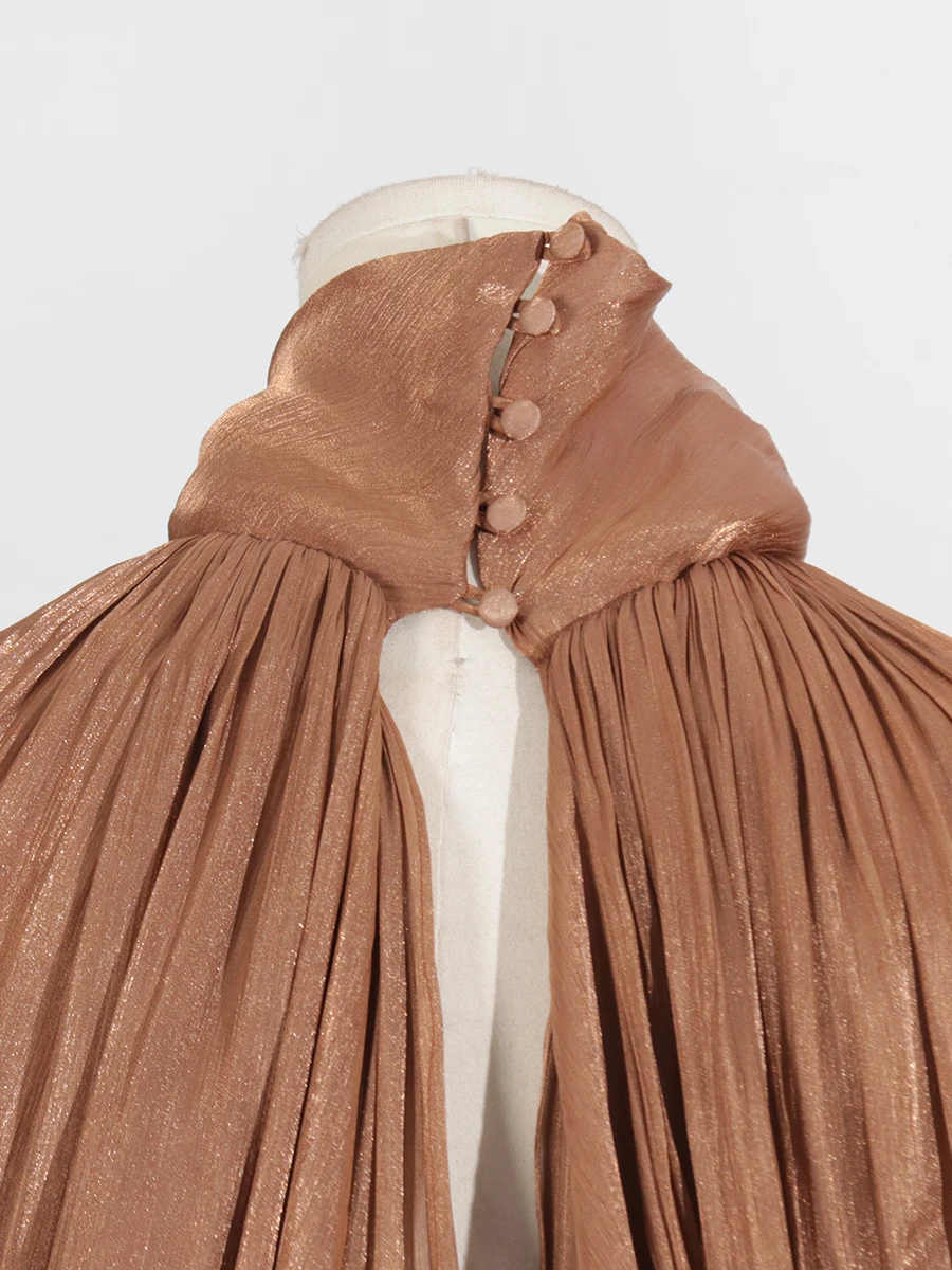 VGH Minimalist Spliced Folds Maxi Dresses for Women Scarf Collar Lantern Sleeve Loose Waist Casual Temperament Dress Female New