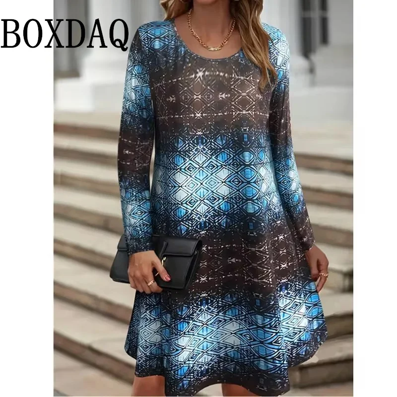 Autumn Dress For Women 2025 New Boho Vintage Ethnic Style Pattern Floral Print Female Clothing Elegant Long Sleeve Party Dresses