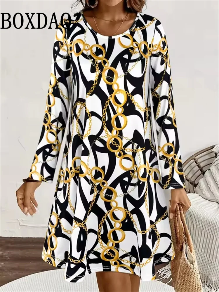 Autumn Dress For Women 2025 New Boho Vintage Ethnic Style Pattern Floral Print Female Clothing Elegant Long Sleeve Party Dresses