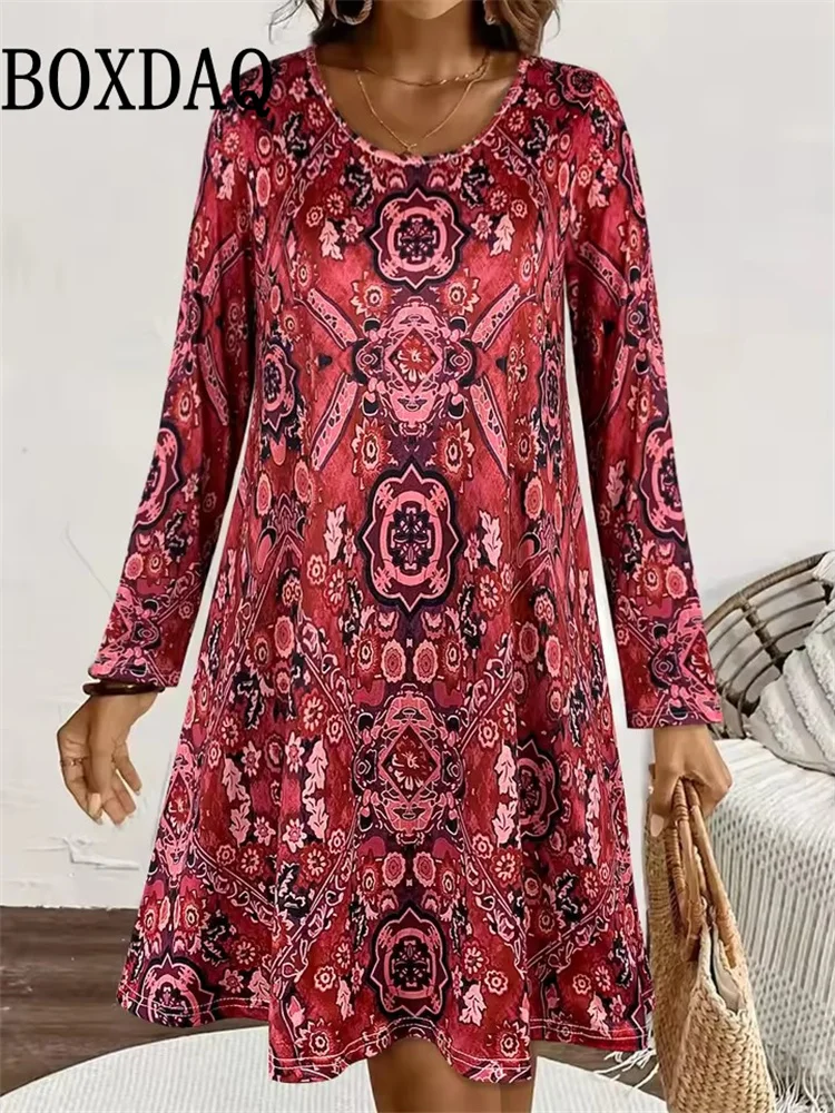 Autumn Dress For Women 2025 New Boho Vintage Ethnic Style Pattern Floral Print Female Clothing Elegant Long Sleeve Party Dresses