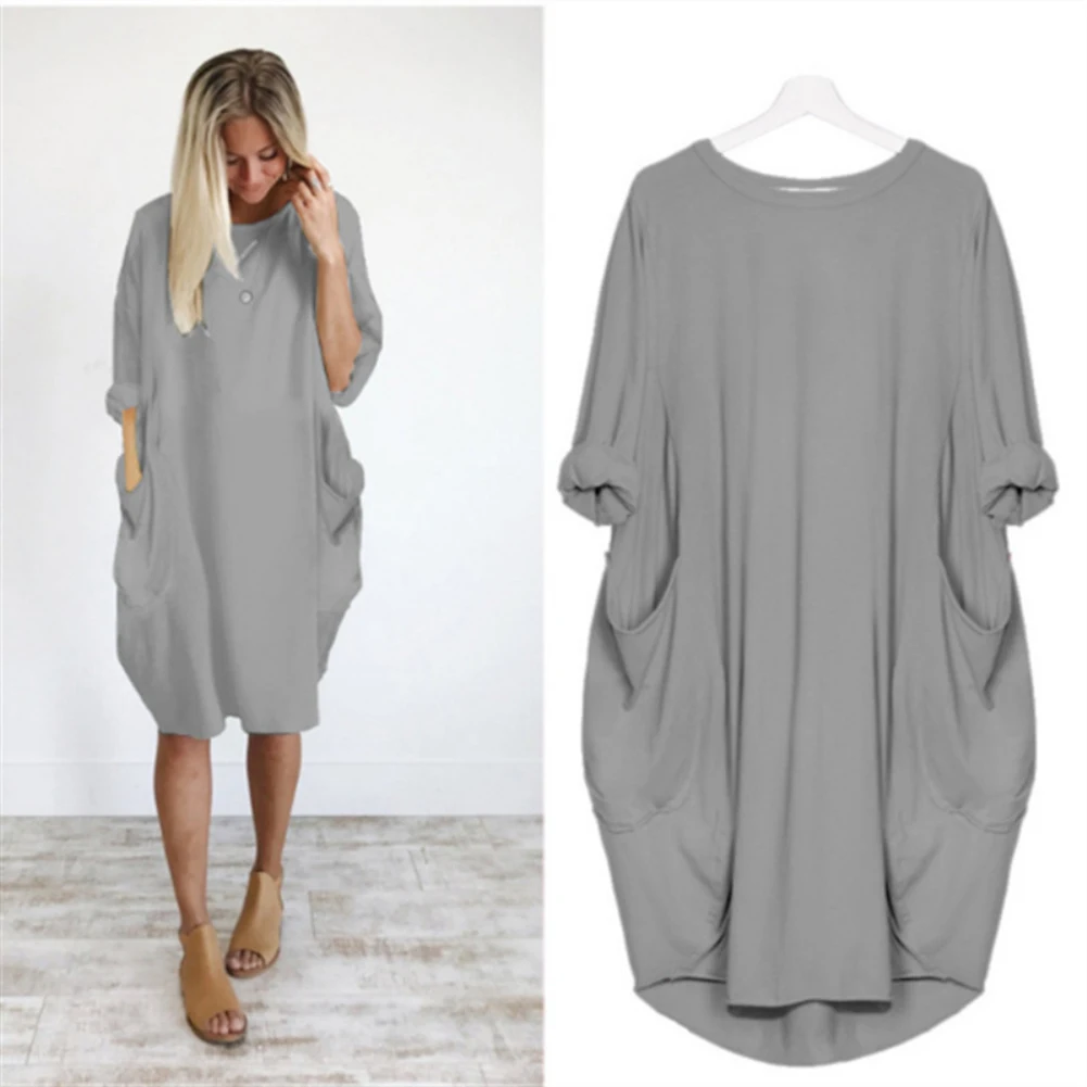 Women's Summer Casual Fashion Loose Plus Size Solid Color Multi-Color Optional Round Neck Long Sleeved Dress
