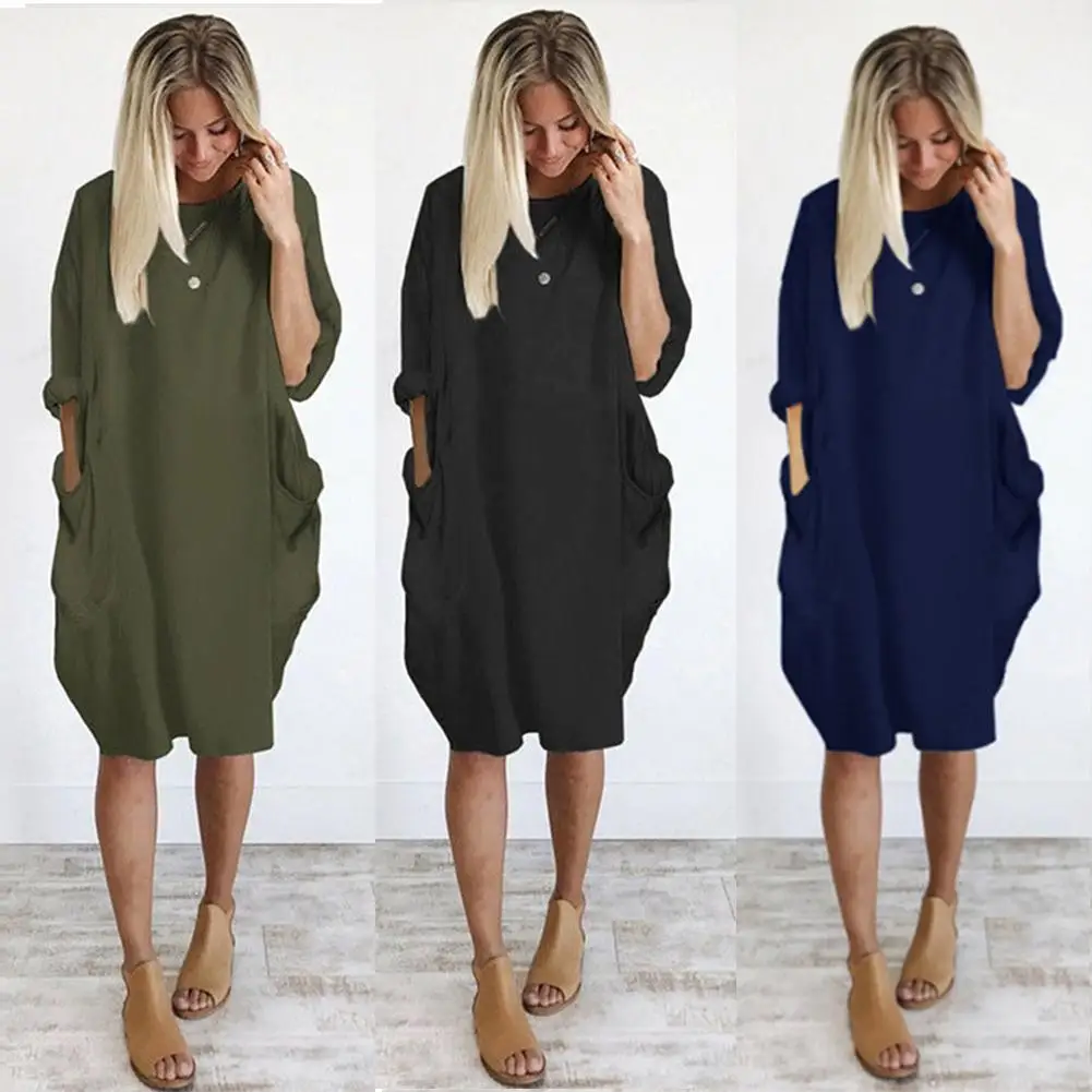 Women's Summer Casual Fashion Loose Plus Size Solid Color Multi-Color Optional Round Neck Long Sleeved Dress