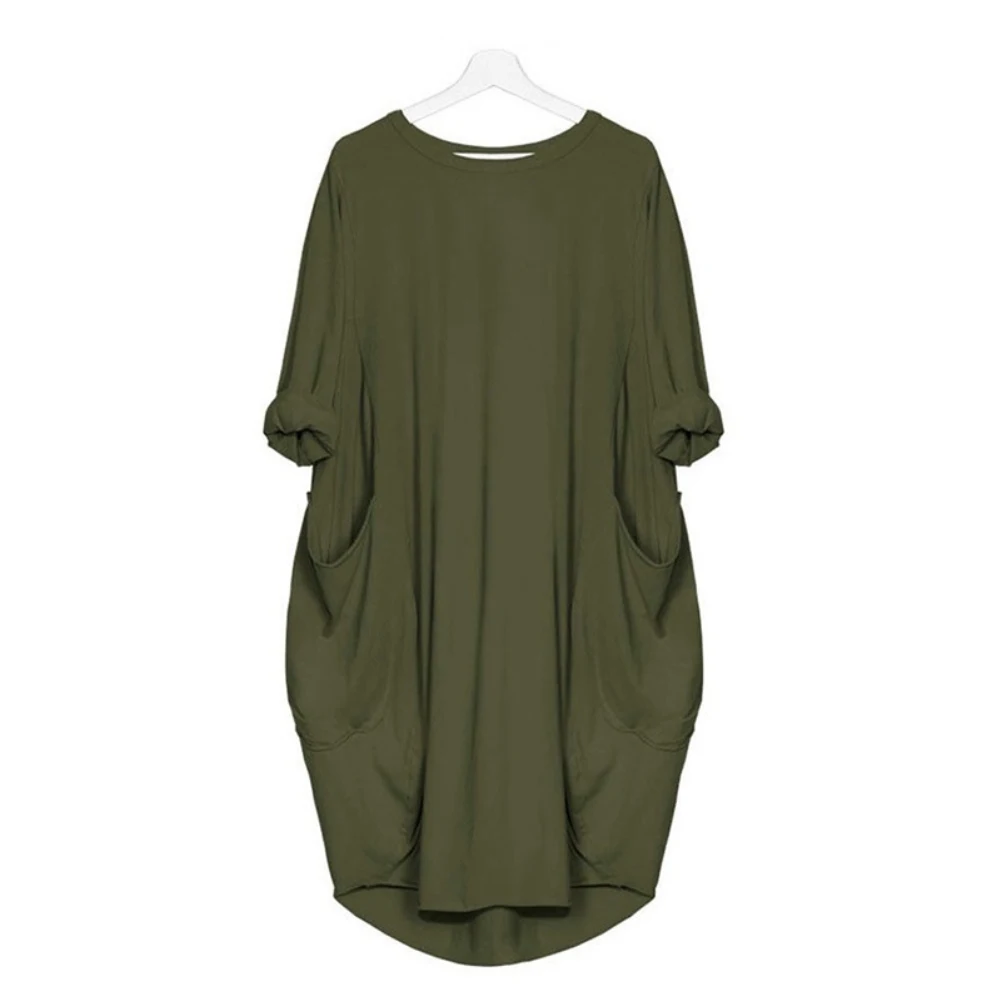 Women's Summer Casual Fashion Loose Plus Size Solid Color Multi-Color Optional Round Neck Long Sleeved Dress