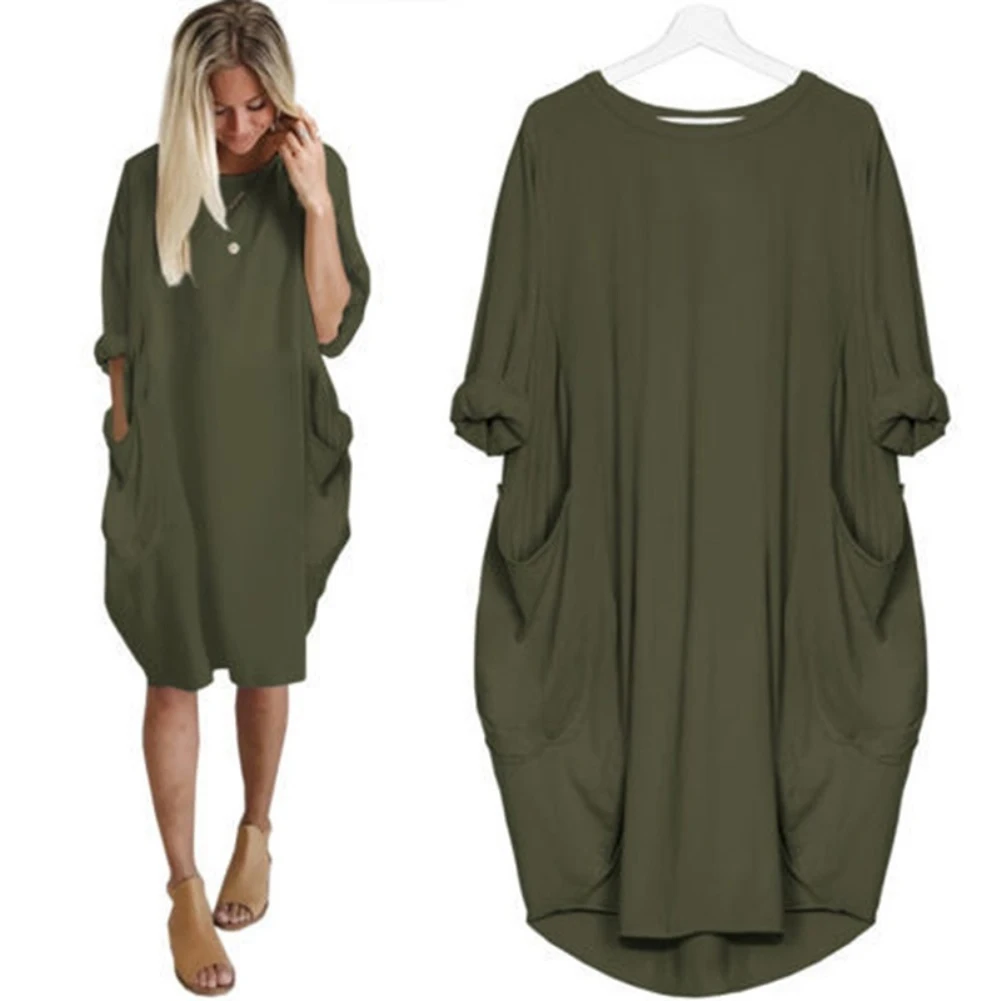 Women's Summer Casual Fashion Loose Plus Size Solid Color Multi-Color Optional Round Neck Long Sleeved Dress