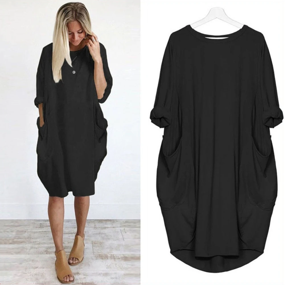 Women's Summer Casual Fashion Loose Plus Size Solid Color Multi-Color Optional Round Neck Long Sleeved Dress