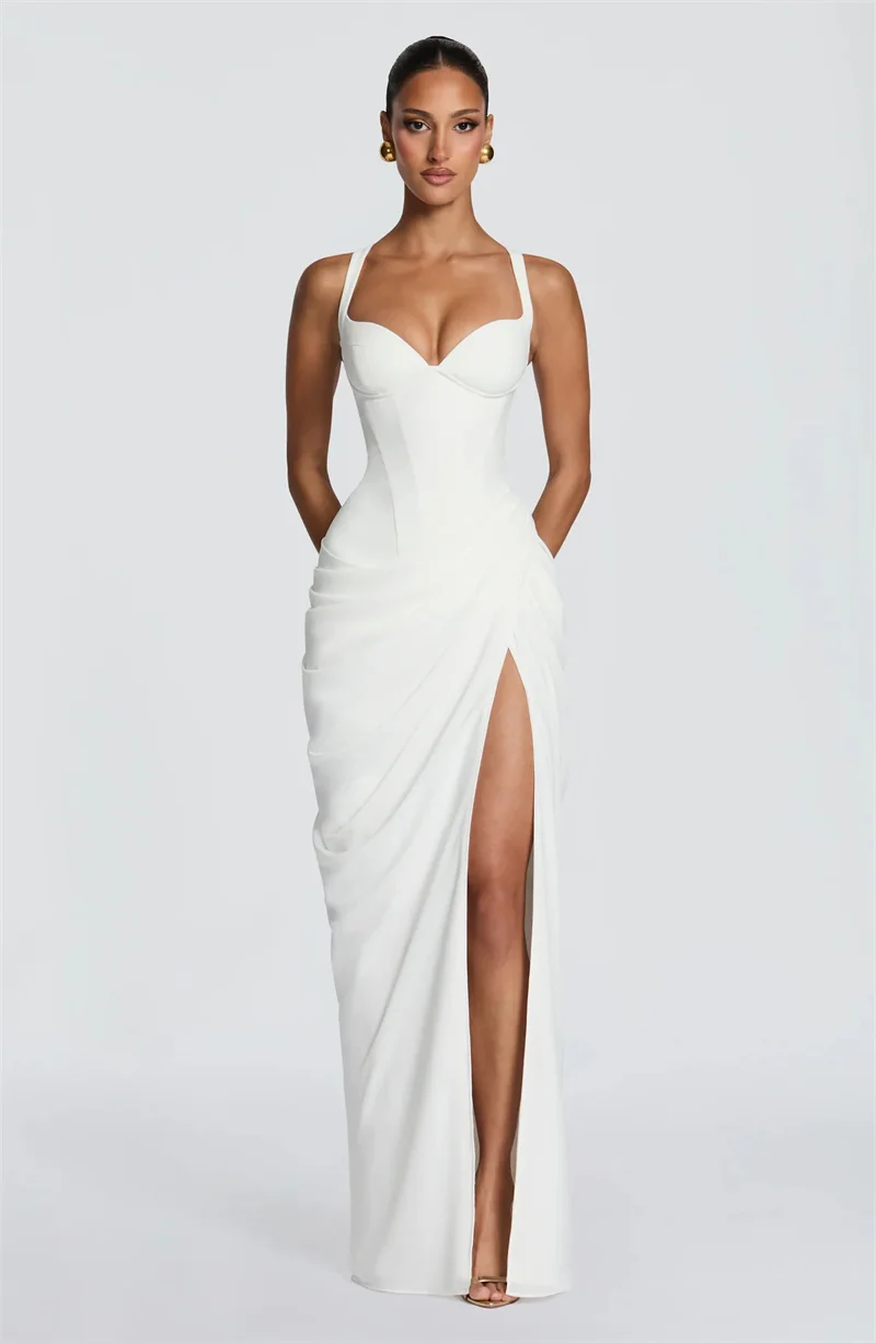 Mozision Women Sexy Maxi Dress Sleeveless Sweetheart Neck High Split Draped Ruched Long Party Dress Formal Wedding Guest Dress