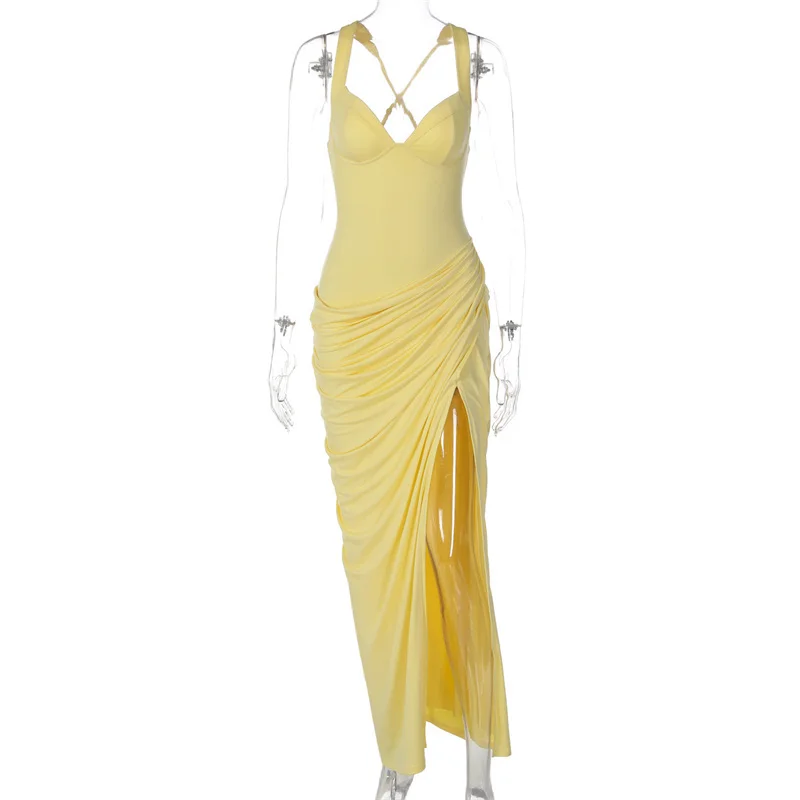 Mozision Women Sexy Maxi Dress Sleeveless Sweetheart Neck High Split Draped Ruched Long Party Dress Formal Wedding Guest Dress