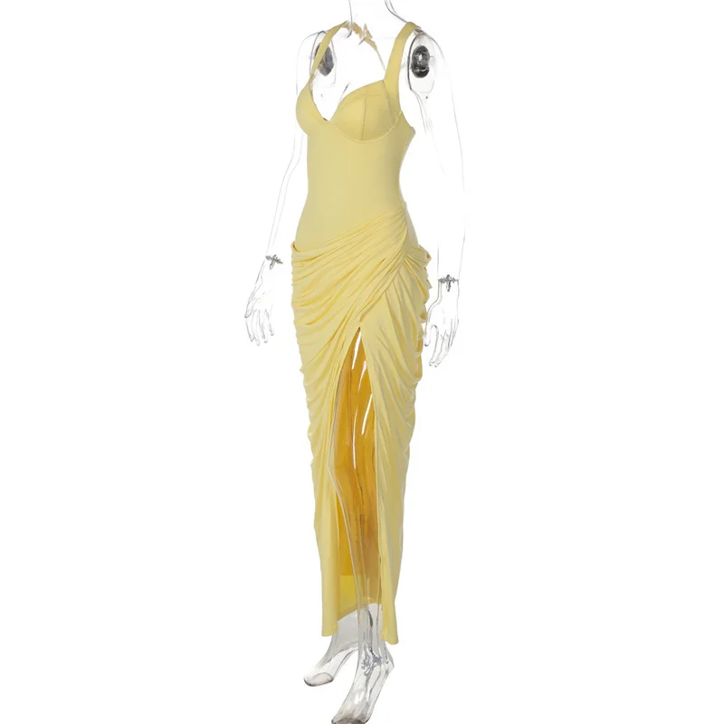 Mozision Women Sexy Maxi Dress Sleeveless Sweetheart Neck High Split Draped Ruched Long Party Dress Formal Wedding Guest Dress