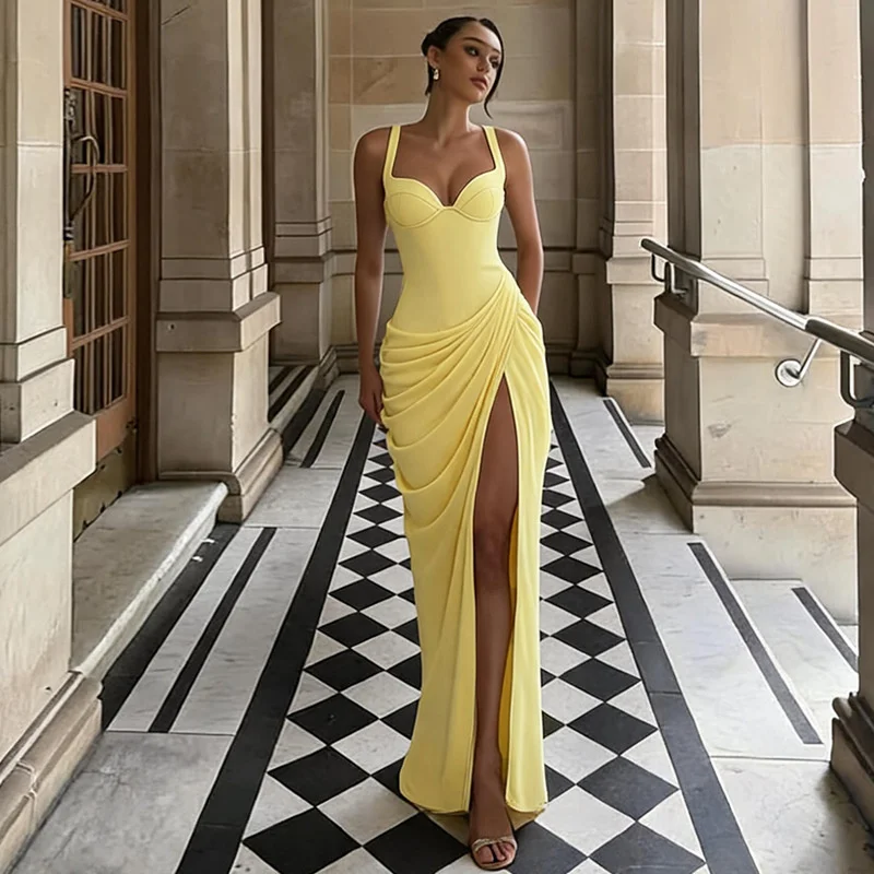 Mozision Women Sexy Maxi Dress Sleeveless Sweetheart Neck High Split Draped Ruched Long Party Dress Formal Wedding Guest Dress