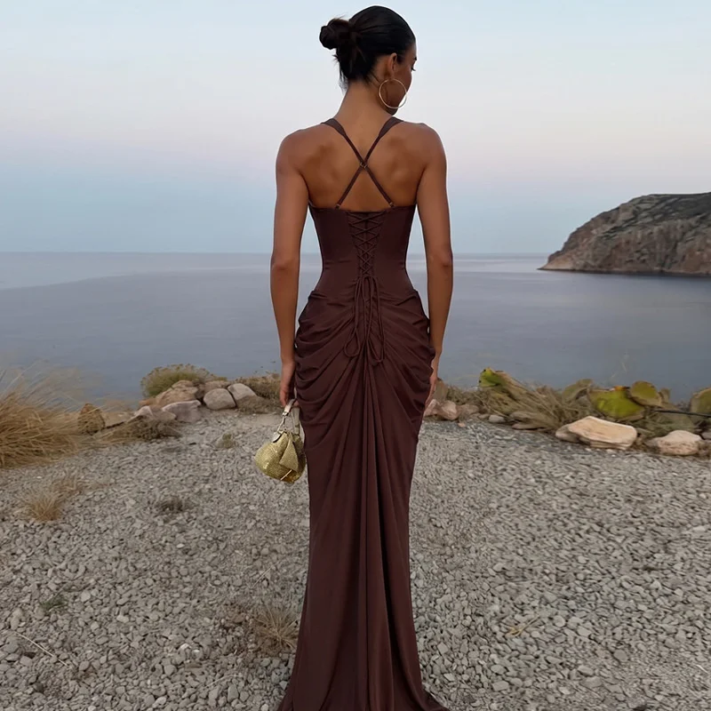 Mozision Women Sexy Maxi Dress Sleeveless Sweetheart Neck High Split Draped Ruched Long Party Dress Formal Wedding Guest Dress