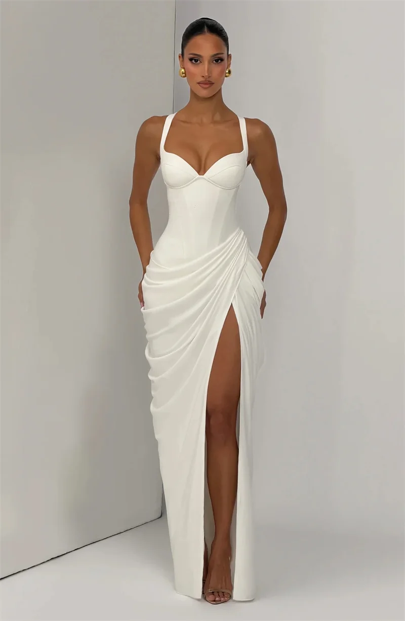 Mozision Women Sexy Maxi Dress Sleeveless Sweetheart Neck High Split Draped Ruched Long Party Dress Formal Wedding Guest Dress