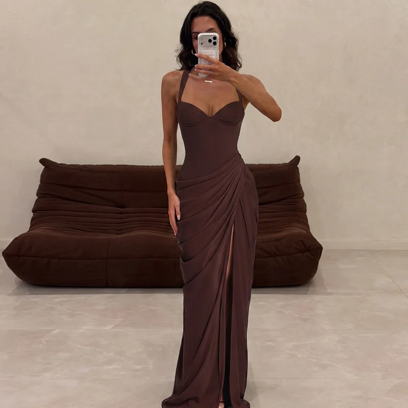 Mozision Women Sexy Maxi Dress Sleeveless Sweetheart Neck High Split Draped Ruched Long Party Dress Formal Wedding Guest Dress