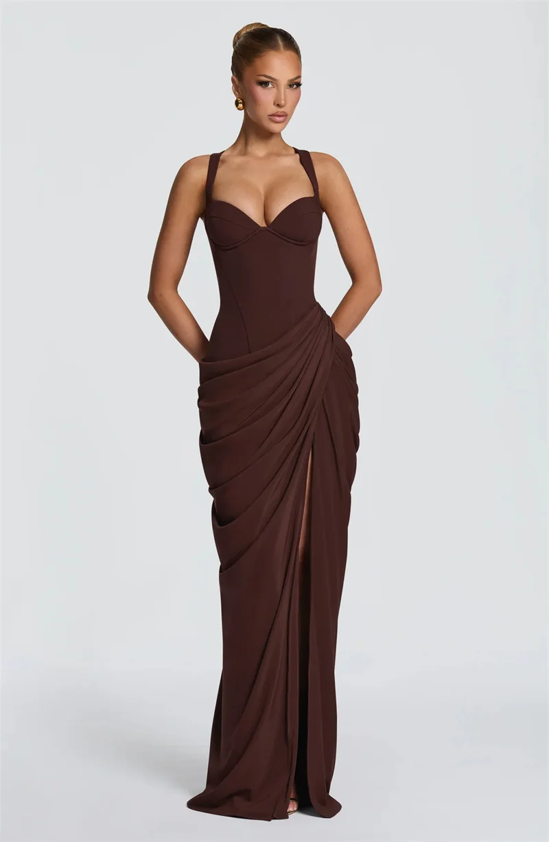Mozision Women Sexy Maxi Dress Sleeveless Sweetheart Neck High Split Draped Ruched Long Party Dress Formal Wedding Guest Dress