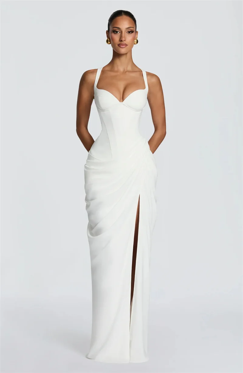 Mozision Women Sexy Maxi Dress Sleeveless Sweetheart Neck High Split Draped Ruched Long Party Dress Formal Wedding Guest Dress