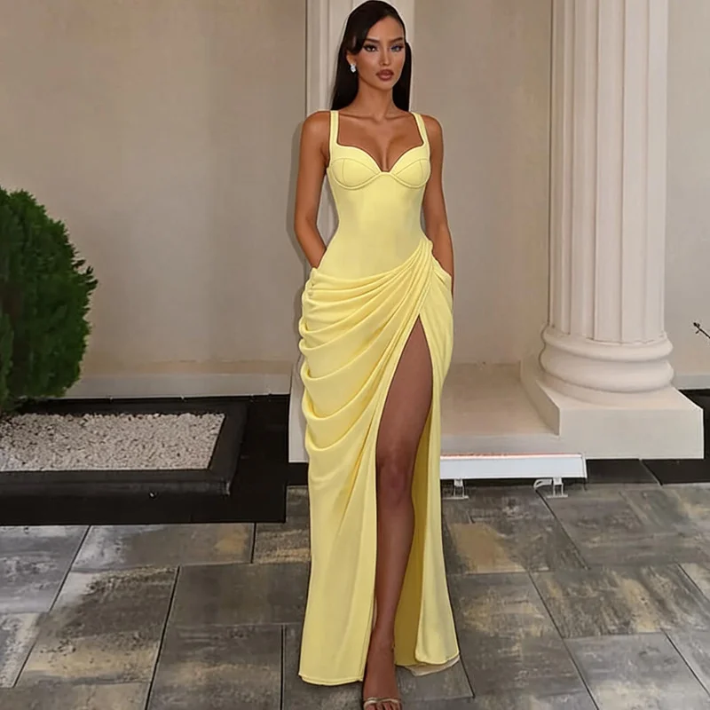 Mozision Women Sexy Maxi Dress Sleeveless Sweetheart Neck High Split Draped Ruched Long Party Dress Formal Wedding Guest Dress