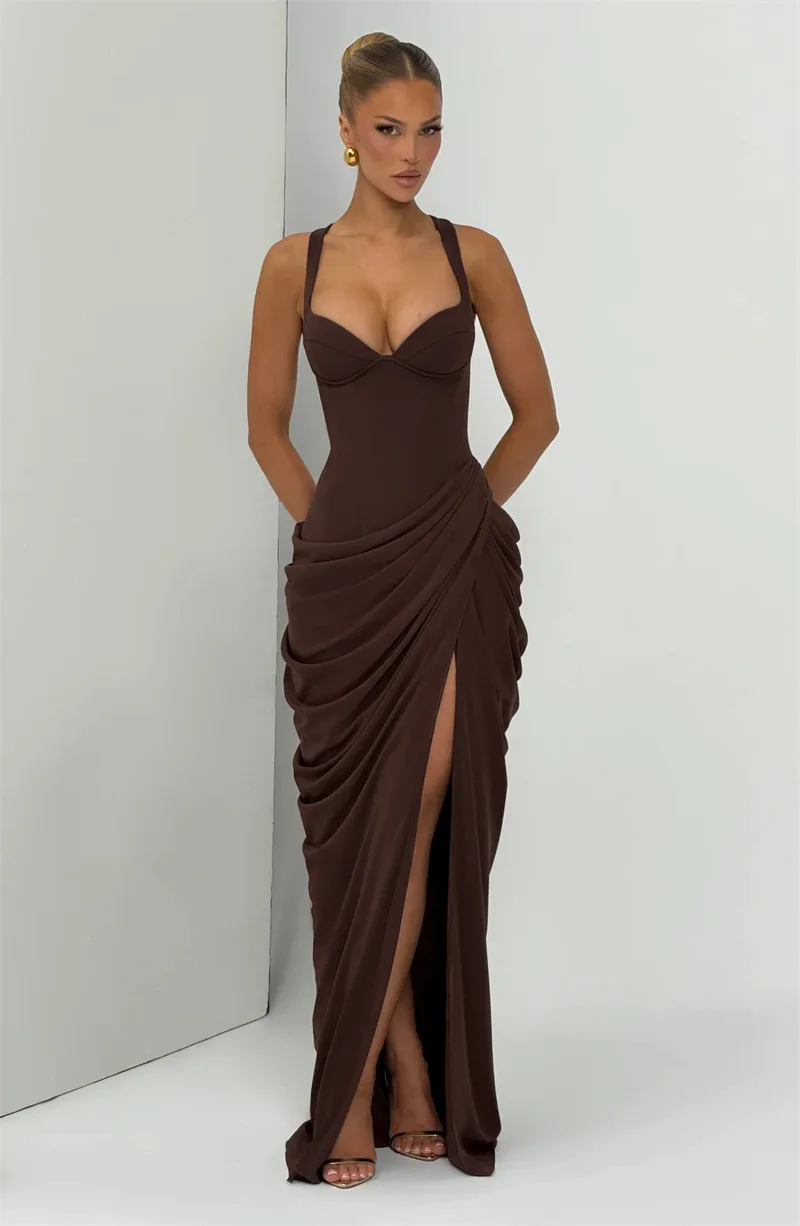 Mozision Women Sexy Maxi Dress Sleeveless Sweetheart Neck High Split Draped Ruched Long Party Dress Formal Wedding Guest Dress