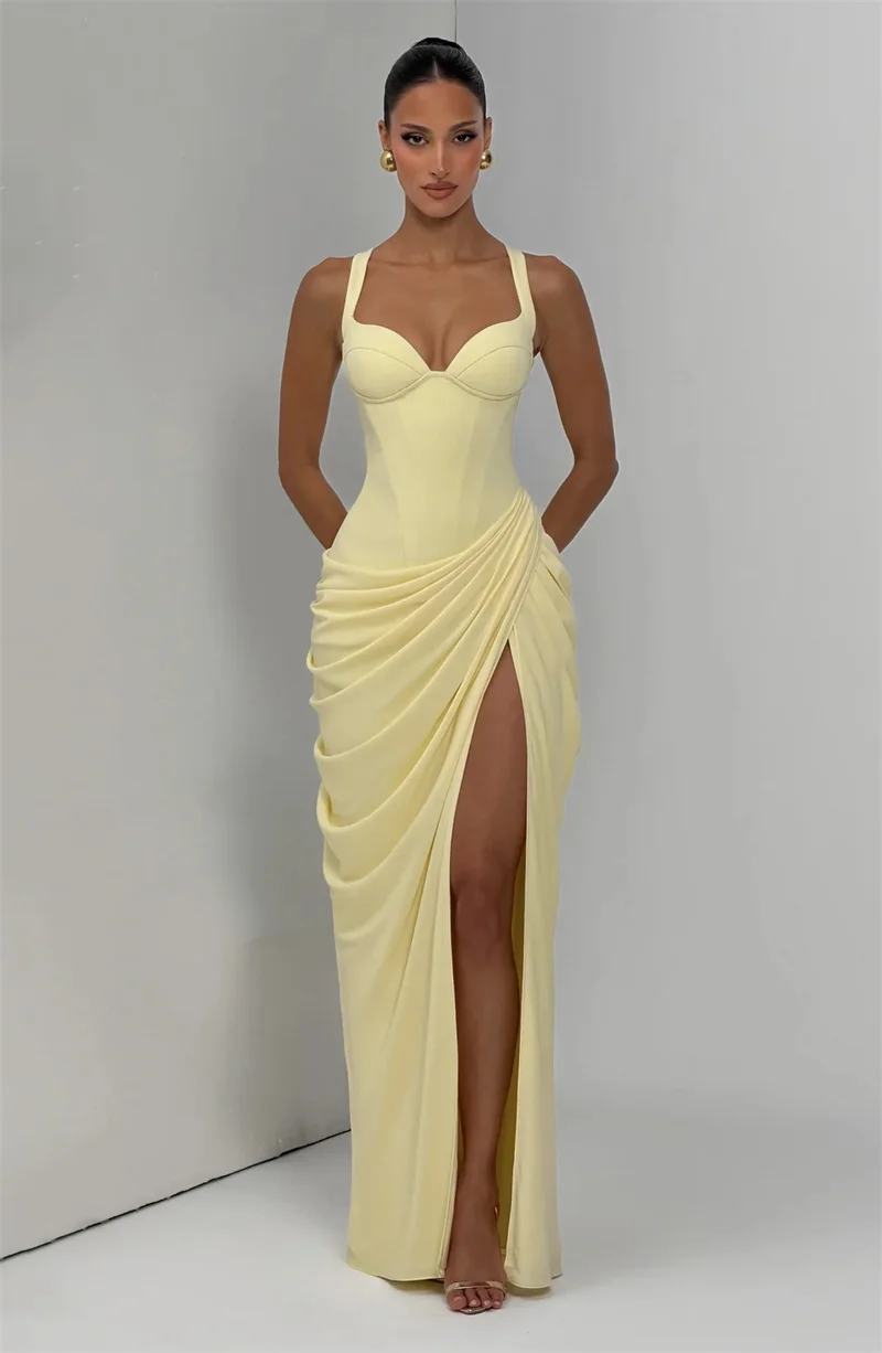 Mozision Women Sexy Maxi Dress Sleeveless Sweetheart Neck High Split Draped Ruched Long Party Dress Formal Wedding Guest Dress