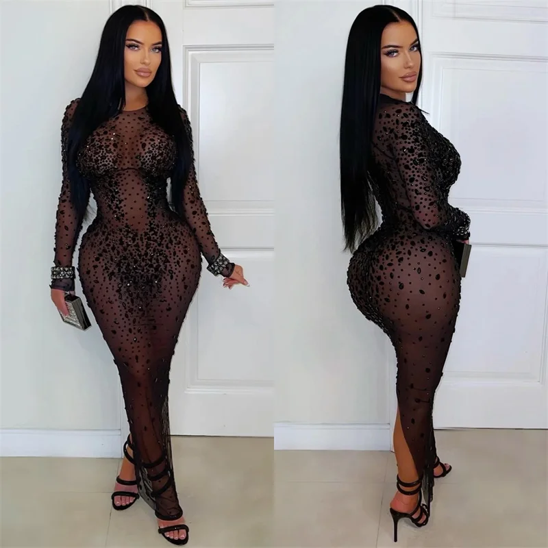 Doyerl Mesh See Through Black Rhinestone Dress Luxury Sexy Women Night Club Party Long Sleeve Back Split Bodycon Maxi Dresses