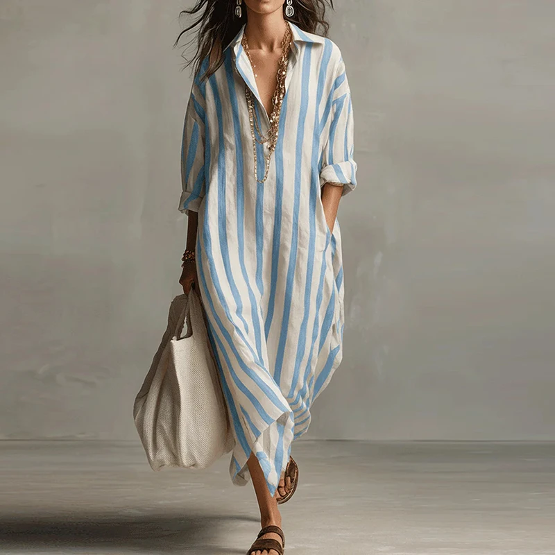 Vintage Printed Maxi Dresses For Women Casual Striped Printed Loose Beach Holiday Long Dresses For Women Party Dress Boho