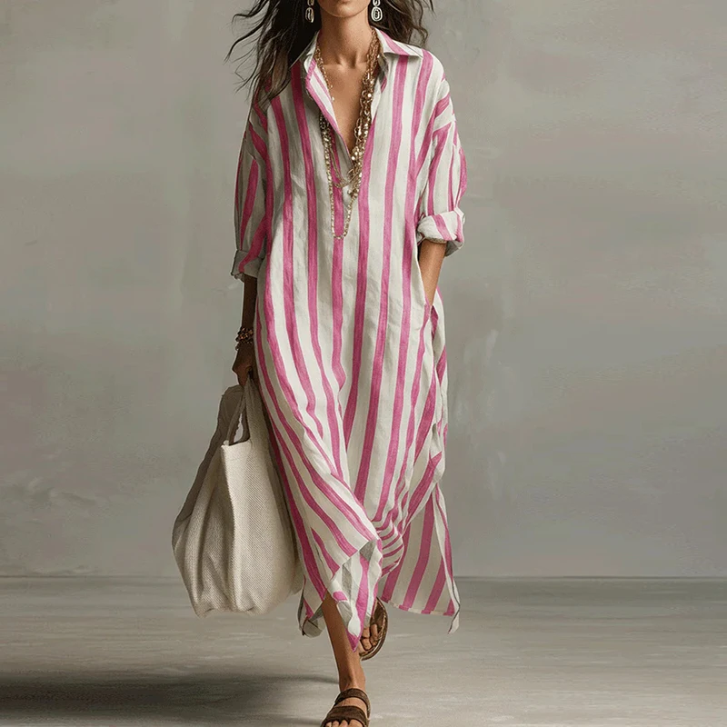 Vintage Printed Maxi Dresses For Women Casual Striped Printed Loose Beach Holiday Long Dresses For Women Party Dress Boho
