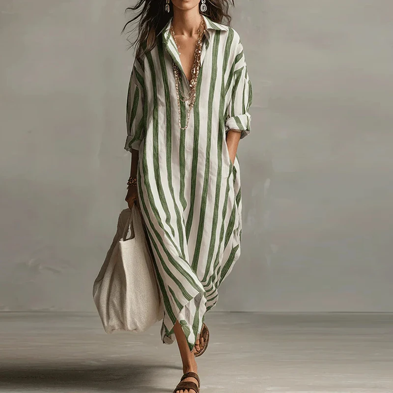 Vintage Printed Maxi Dresses For Women Casual Striped Printed Loose Beach Holiday Long Dresses For Women Party Dress Boho