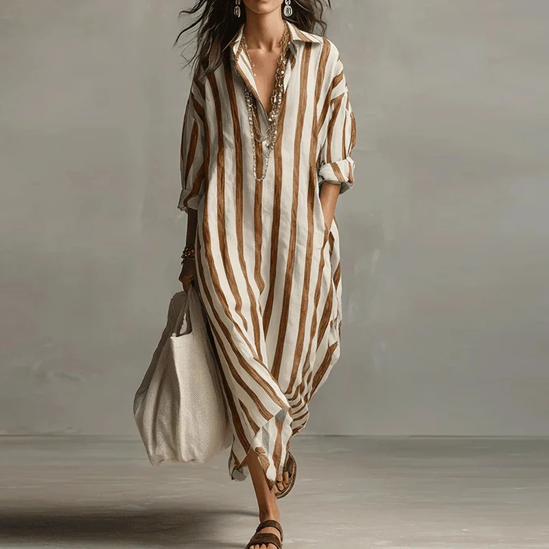 Vintage Printed Maxi Dresses For Women Casual Striped Printed Loose Beach Holiday Long Dresses For Women Party Dress Boho