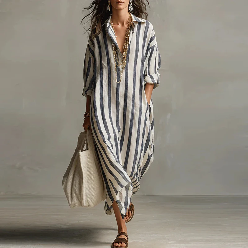 Vintage Printed Maxi Dresses For Women Casual Striped Printed Loose Beach Holiday Long Dresses For Women Party Dress Boho