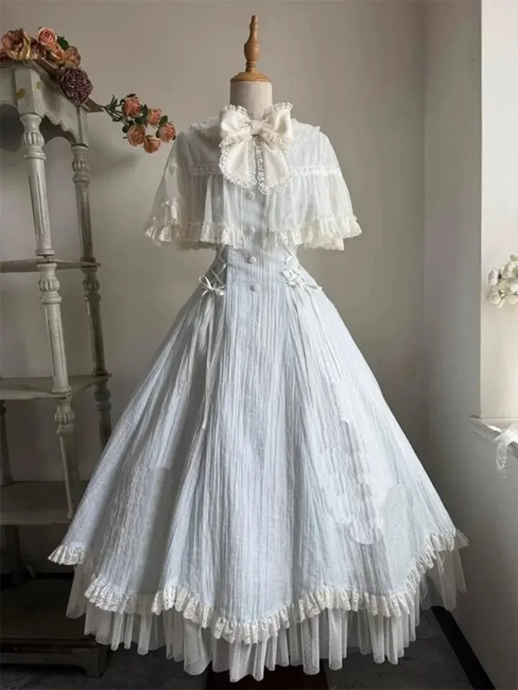 Vintage White Lolita Dress With Cape Shawl Lace Ruffle Bow High Neck Victorian Princess Long Dress Women Elegant Party Dress New