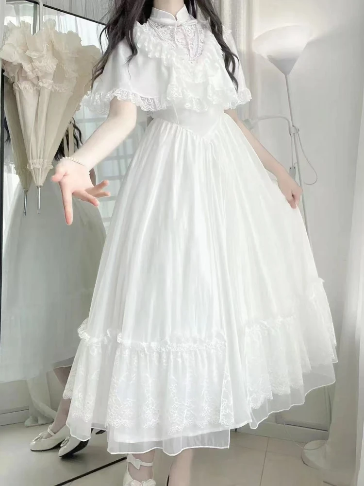 Vintage White Lolita Dress With Cape Shawl Lace Ruffle Bow High Neck Victorian Princess Long Dress Women Elegant Party Dress New