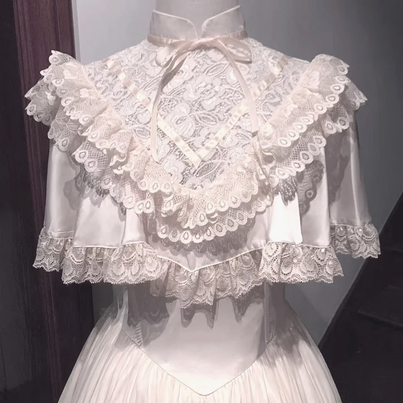 Vintage White Lolita Dress With Cape Shawl Lace Ruffle Bow High Neck Victorian Princess Long Dress Women Elegant Party Dress New